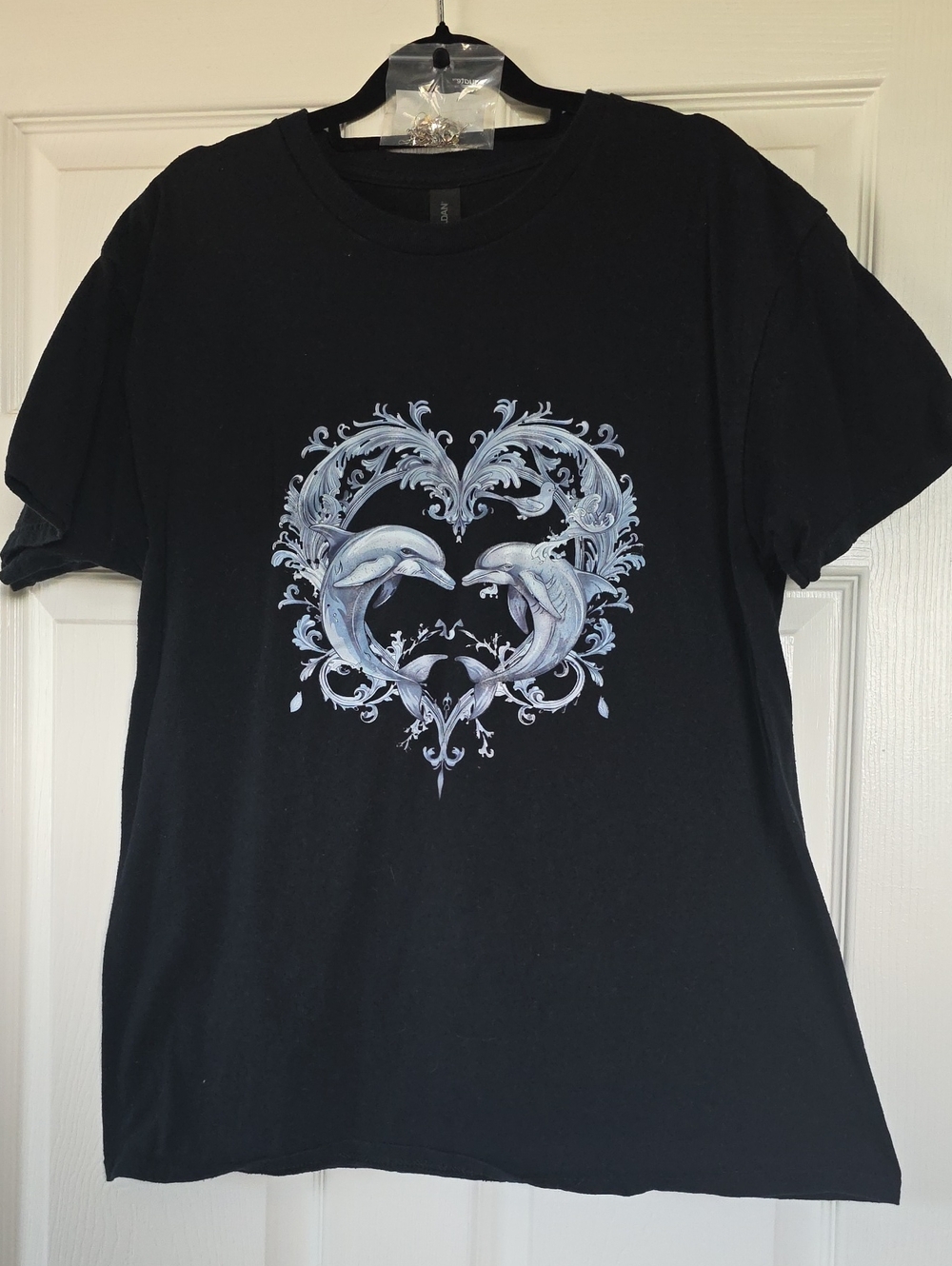 Gildan Black Short Sleeve Tee with Blue Dolphin Heart Graphic